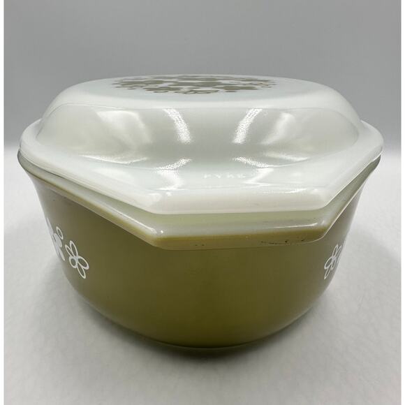 Vintage PYREX 043 Green Spring Blossom Glass Casserole & Lid 1.5 Qt - Picture 6 of 12